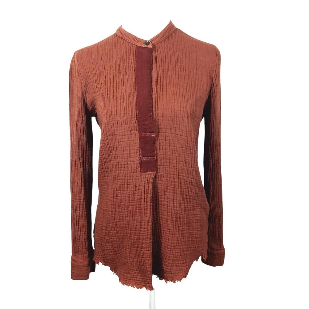 Raquel Allegra Size 1 (Small) Cotton Gauze Top Rust Long Sleeve, Frayed Hem Boho